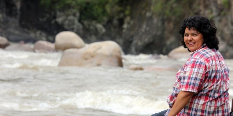 Berta Cáceres on the banks of the Gualcarque River in the Rio Blanco region of western Honduras. The river is a source of water, food, medicine, and spiritual identity for the indigenous Lenca people. Photo: Goldman Environmental Prize.