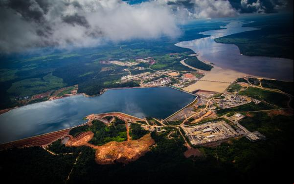 An aerial view of the Amazon jungle surrounding the Belo Monte Dam in Brazil.
