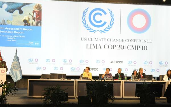 the front table at the UNFCC climate negotiations in Lima, Peru